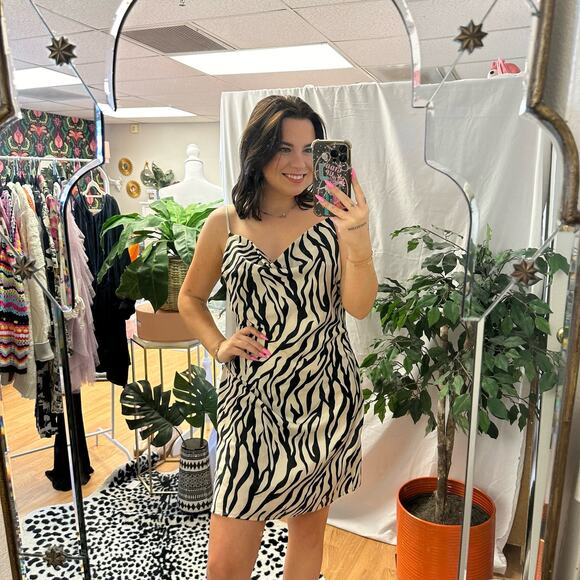 Zebra Print Cowl Neck Mini Dress Black Size Large - Picture 2 of 5